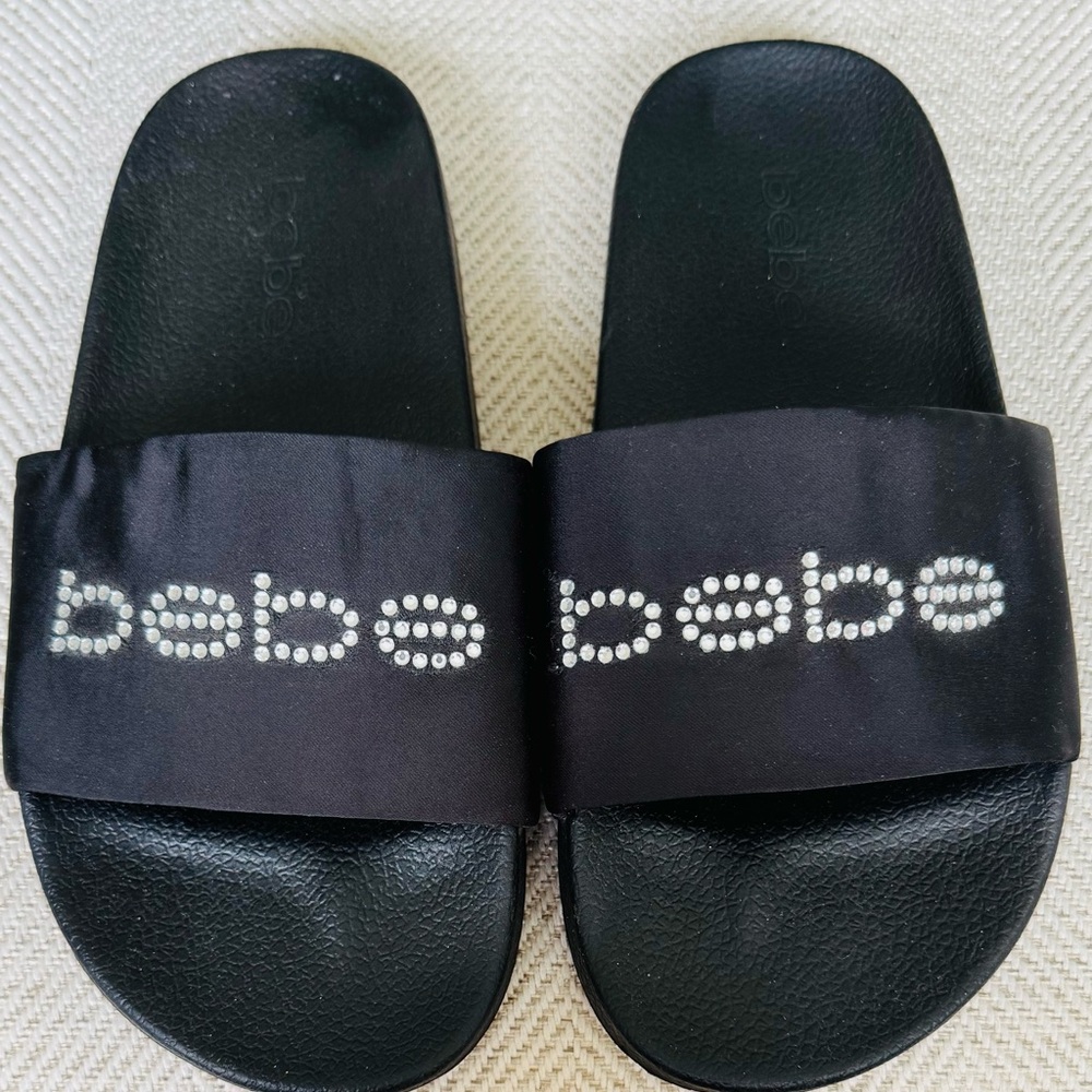 Bebe Black Slides with Sparkling Logo